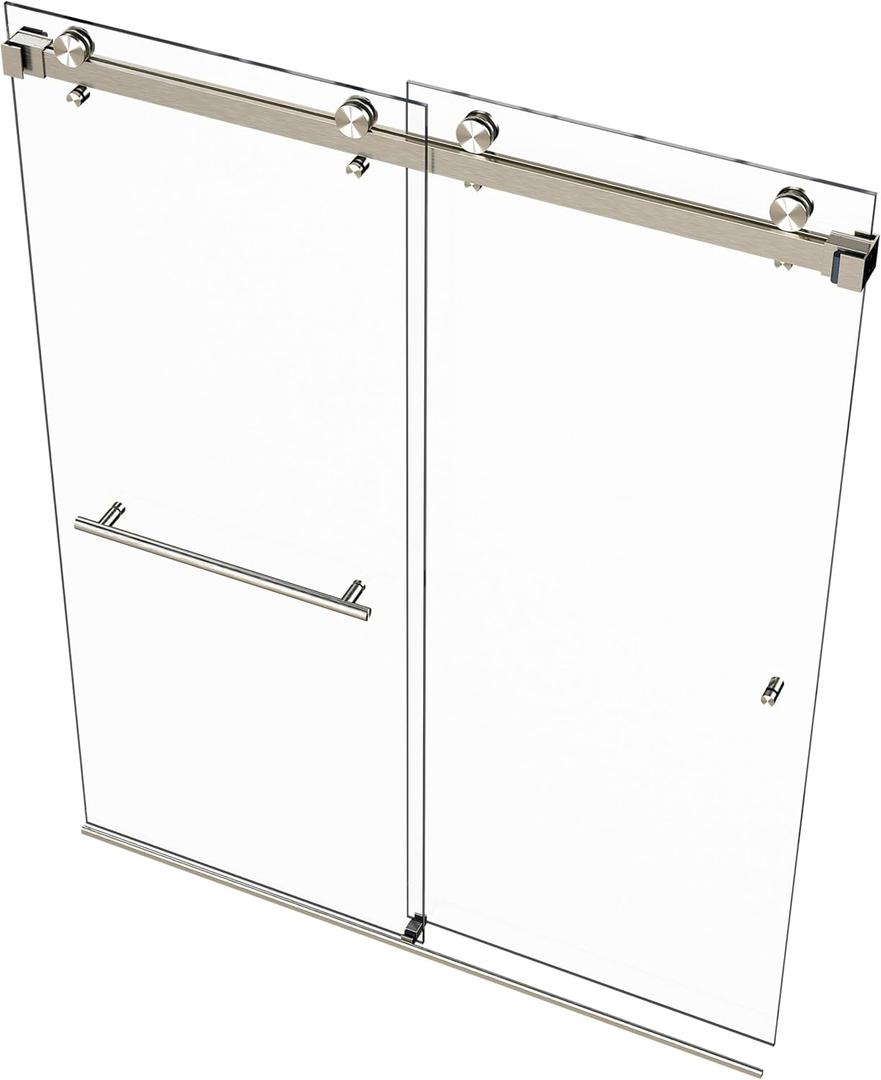 VITRA-200 56.5-59" W x 78" H Twinglide Frameless Shower Door w/ 3/8" Clear Tempered Glass (Brushed Nickel) (BRUSHED STAINLESS - TOWEL BAR & KNOB)