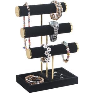 Necklace Holder,Bracelet Display,Jewelry Organizer Stand with Earrings Rings Tray,Jewelry Holder for Scrunchie Watches (Black, 3 Tier)