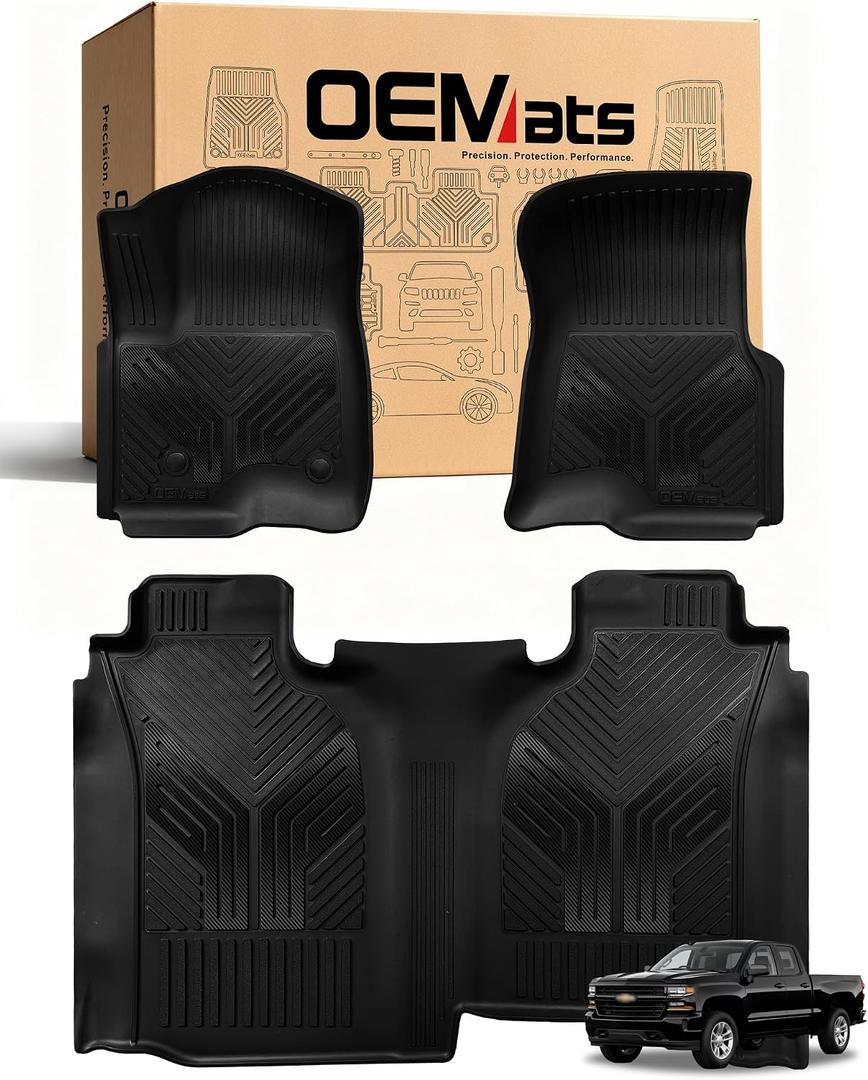 Color TPE Floor Mats 2019–2026 for Chevrolet Silverado/GMC Sierra 1500 & 2500HD/3500HD 2020–2026 | Crew Cab | Without Rear Underseat Storage | All-Weather Floor Liners Full Set, Carbon Fiber