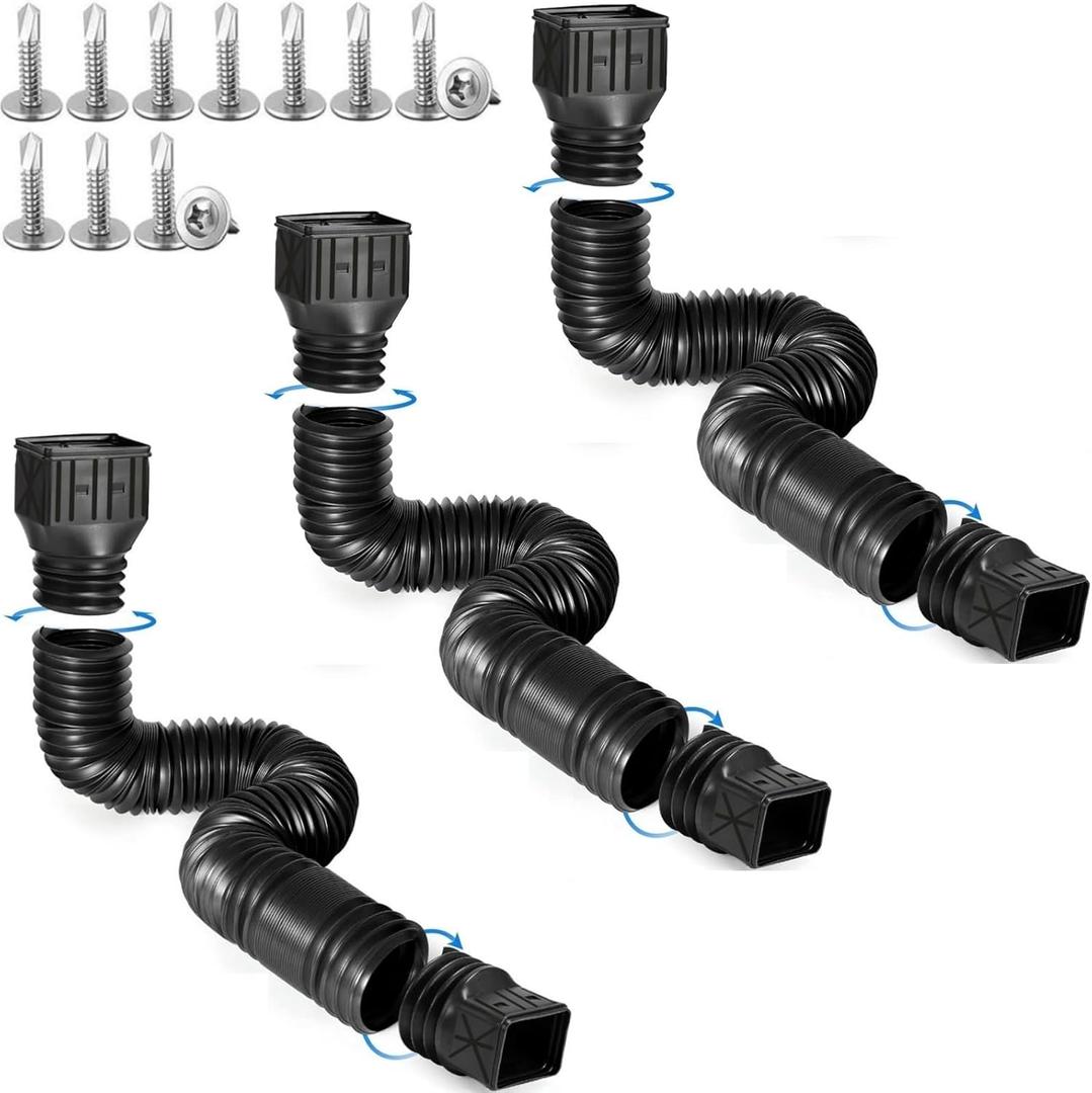 3 pack Flexible Rain Gutter Downspout Extensions,Drain Downspout Extender,Gutter Extension Flexible,Down Spout Drain Extension Pipes,Extendable from 21 to 60 Inches (3pcs black)