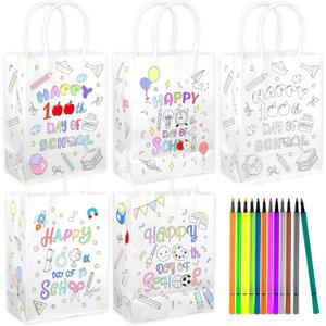 HOWAF 100th Day of School Coloring Goodie Bags with 12 Paint Pens 100 Days of School DIY Treat Bags White Paper Goodie Bags Color Your Own 100th Day Activities Gifts Craft Bags Classroom Supplies