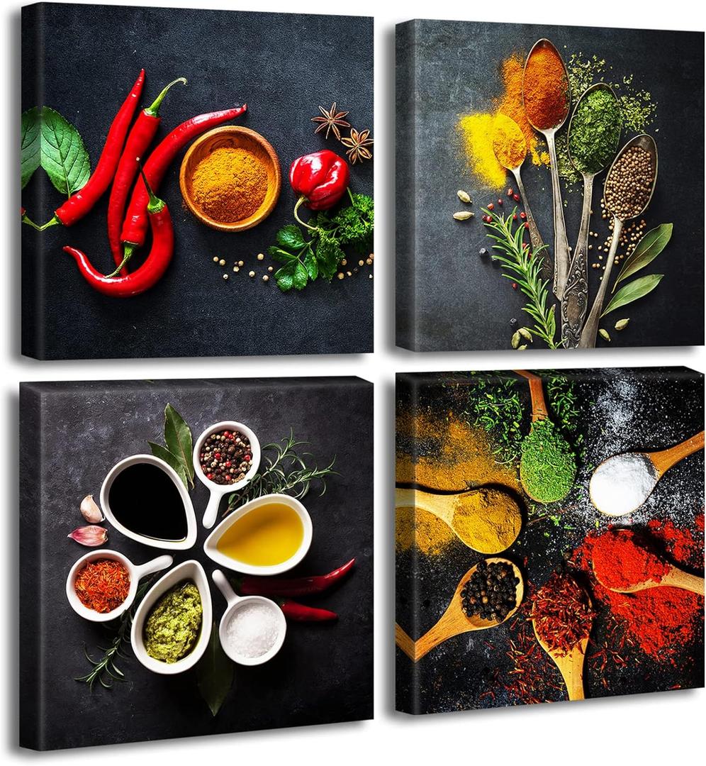 Kitchen Wall Decor Colorful Spices Seasoning Spoon Canvas Wall Art Vintage Painting Picture for Modern Home Dining Room Contemporary Artwork Decoration Stretched and Framed Ready to Hang 12"X12"X4"