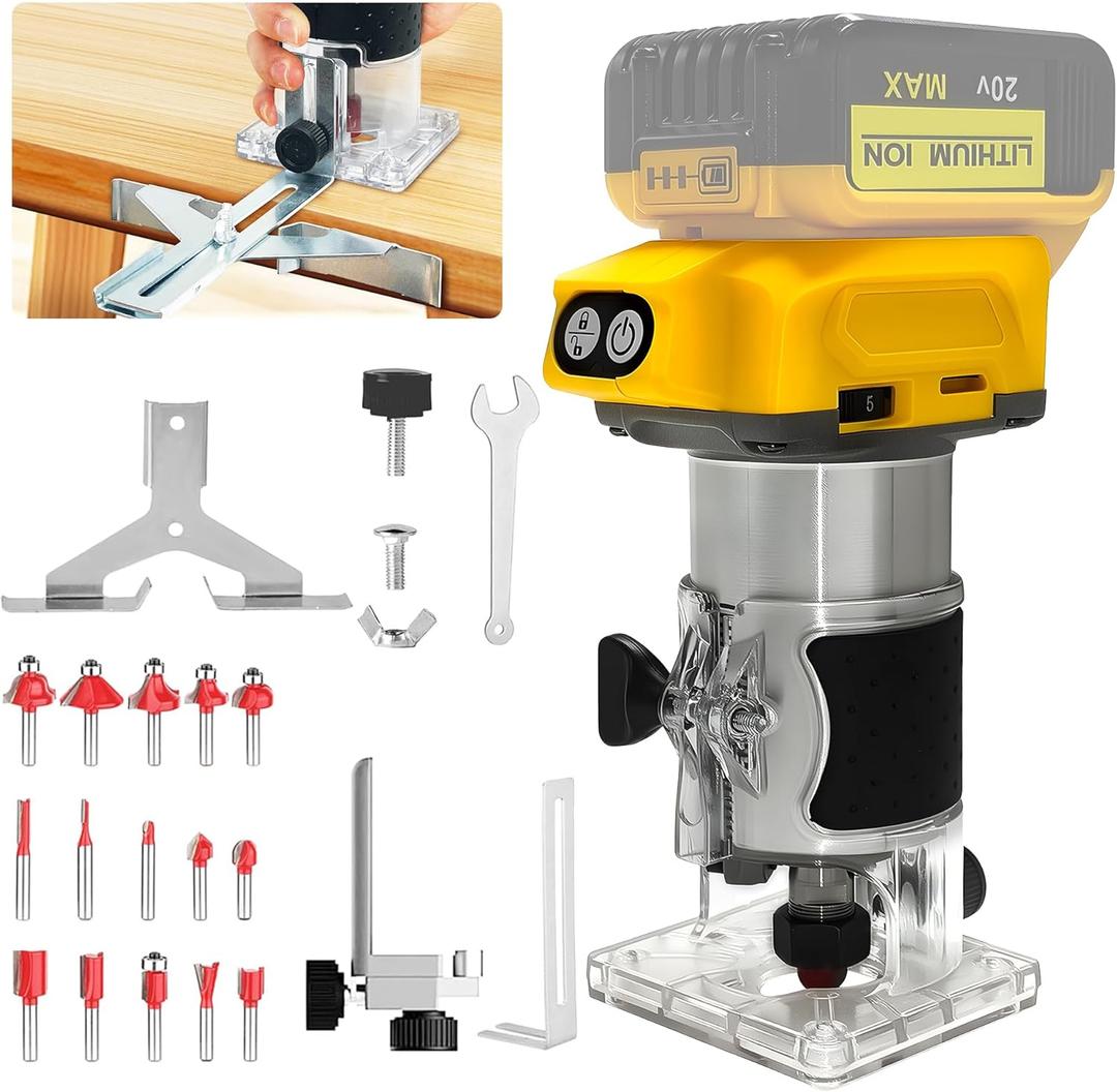 Cordless Wood Router Trimmer for Dewalt 20V Battery, 6 Speeds Wood Trimmer Set, 800W 30000 RPM Brushless Motor Hand Palm Router with 15pcs 1/4"Shank Router Bits for Woodworking,Slotting(NO Battery)