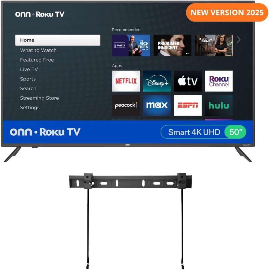 ONN 50-Inch Class 4k HDR10+ Smart TV + Free Wall Mount with Wi-Fi Connectivity and Mobile App | Flat Screen TV | Compatible with Home Kit | Alexa and Google Assistant 