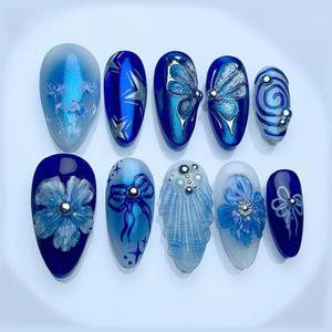 MISUD Press on Nails - Medium Almond Glue on Nails with Summer Blue, Acrylic Flower Butterfly Design 24 pcs