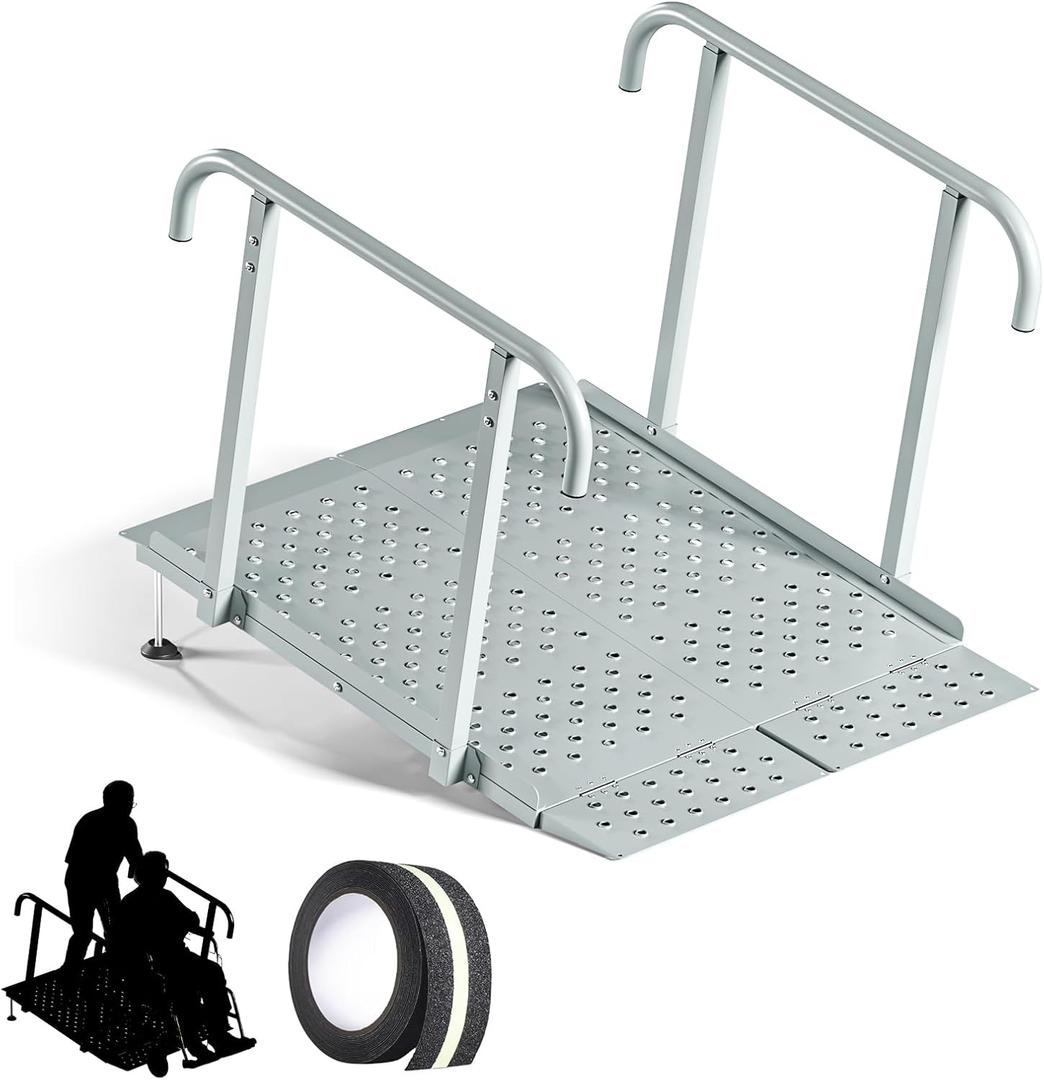 Portable Wheelchair Ramp with Handrails, Non-Slip Iron Handicap Ramp 440lbs Load Capacity, 40-inch Length Wheelchair Ramp for Home Steps, Stairs, Doorways and Curbs