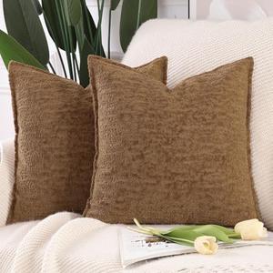 MADIZZ Pack of 2 Chenille Velvet Throw Pillow Covers 18x18 Inch Brown Soft Neutral Decorative Throw Pillows Accent Boho Cushion Covers for Couch Sofa Modern Farmhouse Home Decor