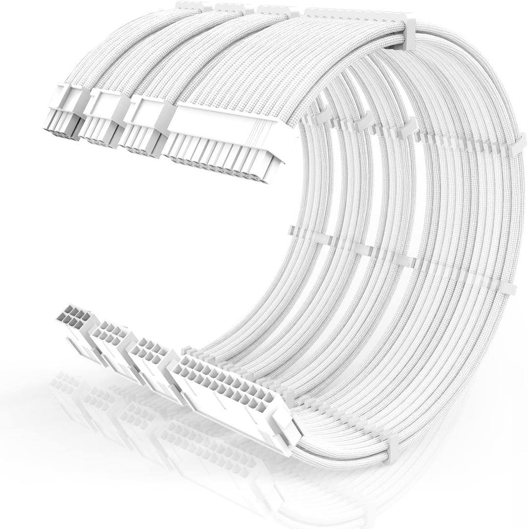 16AWG PSU Cable Extension Kit with Cable Combs,1x24pin ATX/1x8pin(4+4) EPS/2x8pin(6+2) PCIE Extension Cable,Cable Extension PC Sleeved Cables 30cm Length,Power Supply Extension Cable Kit(White)