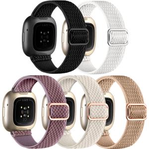 Adorve Compatible with Fitbit Versa 3 Bands/Fitbit Versa 4 Band/Fitbit Sense Bands for Men Women, Adjustable Stretchy Solo Loop Elastic Nylon Sport Strap for Smart Watch Replacement (Black/White/Smokey Mauve/Starlight/Milk Tea)