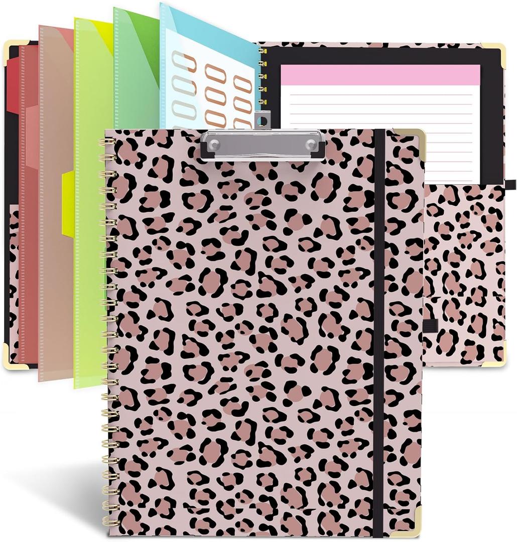 Clipboard Folio with Storage 8.5 X 11 Padfolio Notebook, Clipboards with Notepad Spiral with 10 Pockets and 5 Folders Nursing Teacher School Essentials (Cheetah Spots)