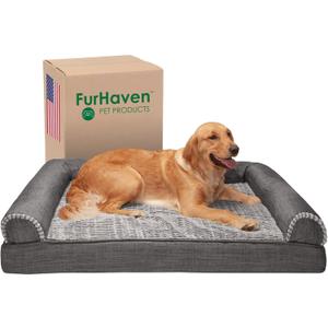 Furhaven Cooling Gel Dog Bed for Large Dogs w/ Removable Bolsters & Washable Cover, For Dogs Up to 95 lbs - Luxe Faux Fur & Performance Linen Sofa - Charcoal, Jumbo/XL