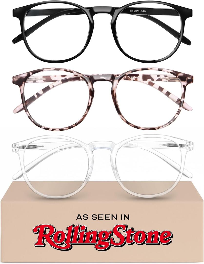IBOANN Chic & Comfy Blue Light Glasses for Women - 3-Pack Round Frames, Screen-Ready Style with UV Protection Coating (*A1 Light Black & Leopard & Transparent)