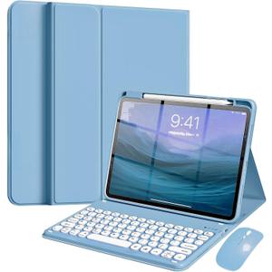 Keyboard Case with Mouse for iPad Air 11-inch(M3 2025/M2 2024)/Air 4th/5th Gen/Pro11(2022/2021/2020),Candy Round Key, Magnetic Detachable Keyboard Case with Pencil Holder, Misty Blue