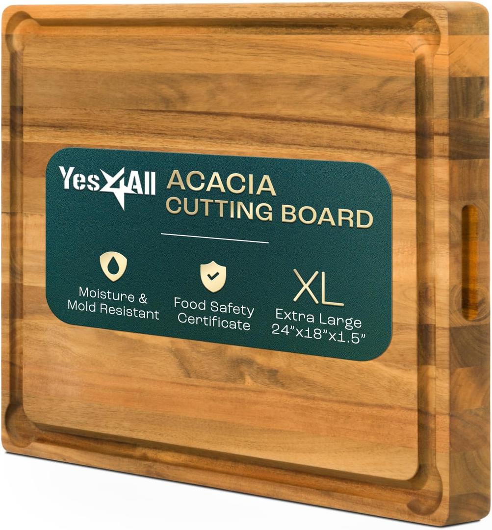 Yes4All Extra Large Acacia Wood Cutting Board for Kitchen, 24''L x 15''W x 1.5'' Thick, Durable Edge Grain Design with Juice Grooves, Pre-Oiled, Easy Grip Handle, Ideal for Chopping and Serving (24"L x 18"W)