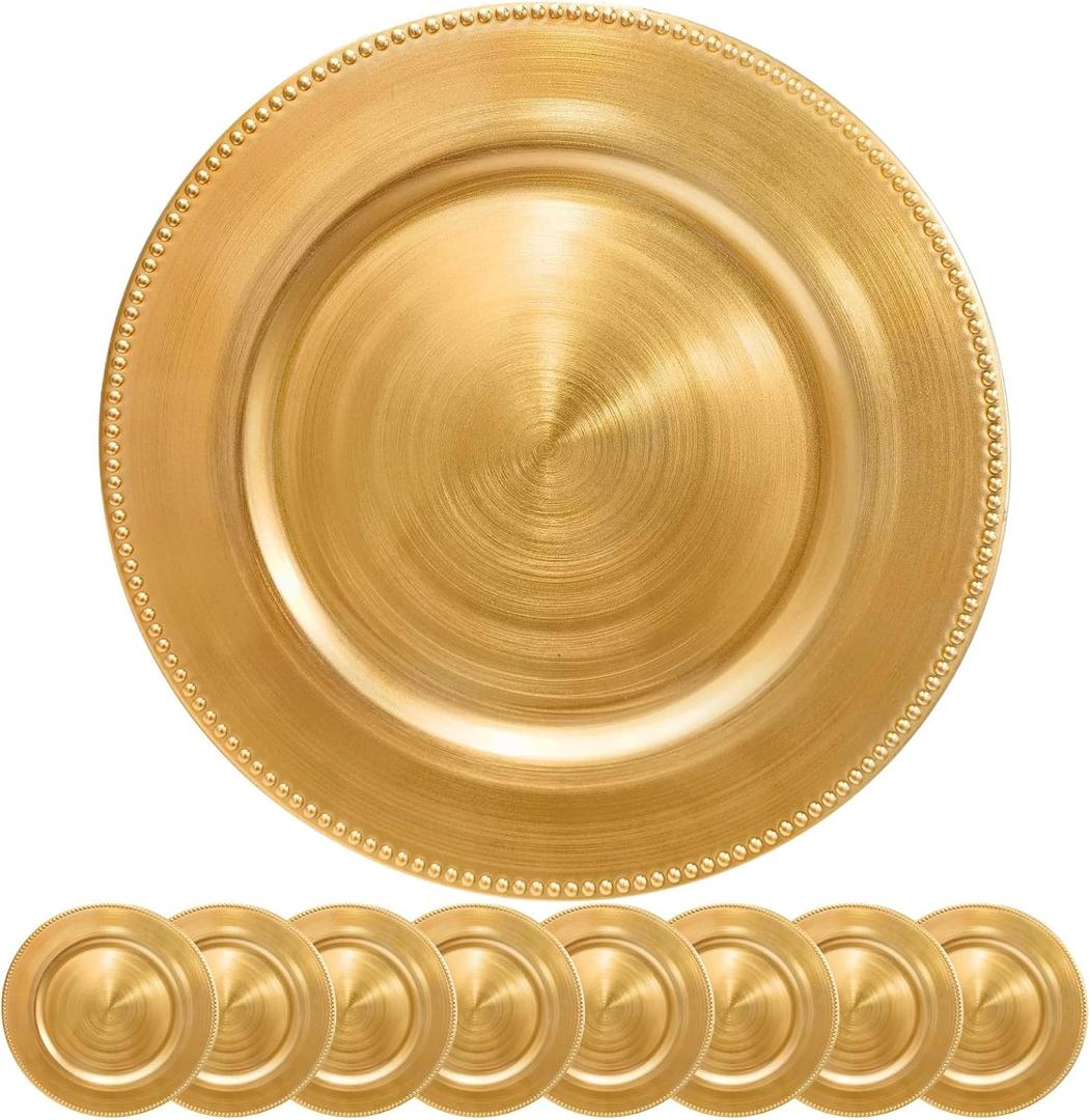 Gold Charger Plates 10PCS,13inch Round Beaded Plastic Charger Plates,Plate Chargers Bulk for wedding,Dinner,Party,Decoration(Gold 10), 1313