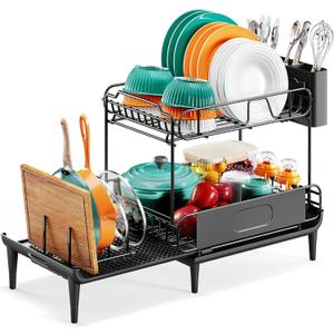 Urackify Dish Drying Rack for Kitchen Counter, Expandable 2 Tier Dish Rack, Large Capacity Dish Drainer with Drainboard Multifunctional Dish Strainer with Removable Cutlery Holder Black