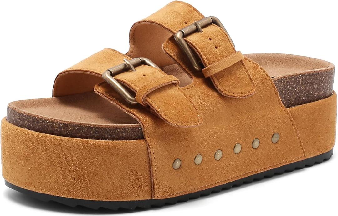 Women's Platform Clogs Sandals Cork Footbed with Comfort Double Buckles, Summer Platform Slides Mules, Summer Beach Comfort Wide Widths Availab (7, Brown)
