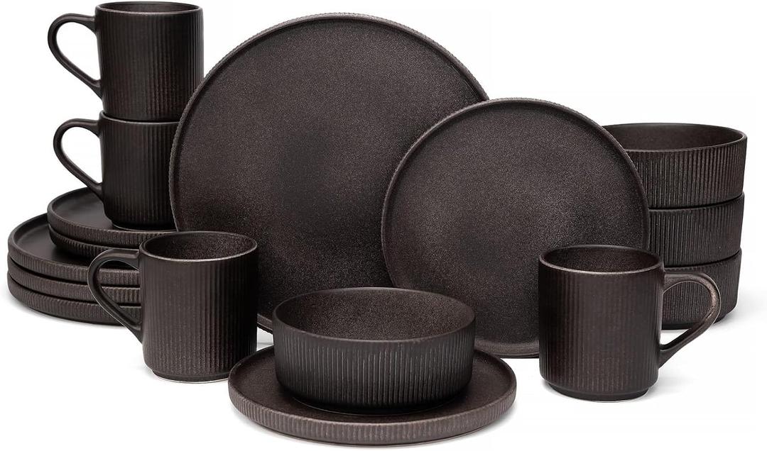 OTAGO 16-Piece Dinnerware Set for 4 with Mugs, Ribbed Stoneware Plates and Bowls Sets, Unique Handcrafted Reactive Glaze, Chip and Scratch Resistant Dish Set, Microwave & Dishwasher Safe, Black