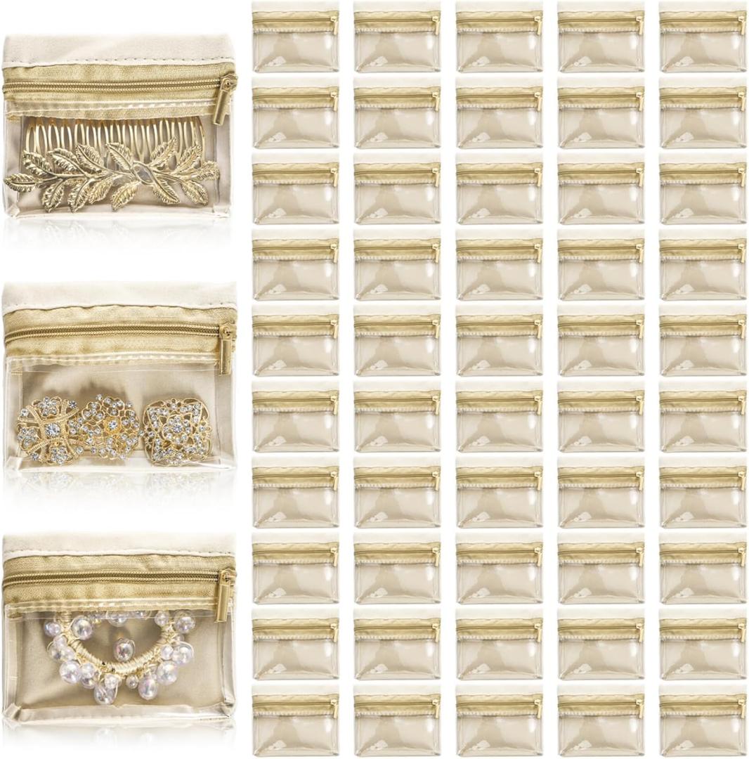 50 Pieces Travel Jewelry Bags, Clear Jewelry Pouch Bag with Zipper, Portable Velvet Earring Storage Necklace Organizer for Women Gift, Rings, Bracelets, Mother's Day