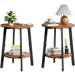Side Table Set of 2, Small Round End Table with Storage Shelf for Small Space, 2-Tier Bedside Table Sofa Couch Table, Nighstands Set of 2 Accent Table for Living Room, Bedroom, Rustic Brown