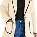 luvamia Pea Coats for Women Trendy Embroidered Contrast Trim Long Peacoat Jackets Lapel Button Winter Coat with Pockets (X-Large, Light Beige)