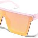 ShadyVEU Flat Top Shield Oversized Rimless Rainbow Mirrored Lens Sunglasses UV400 Protection Lightweight Wrap Around Shades (Pink Frost Frame/Rose Gold Lens)