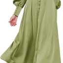xxxiticat Women's Puff Sleeve Satin Maxi Dress Long Lantern Sleeve Button Down Ruffle Single Breasted Vintage Midi Dresses (Light Green) M