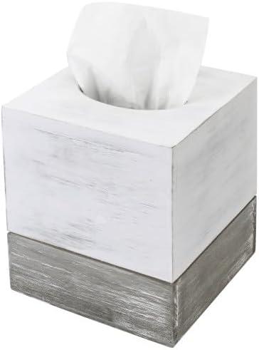 MyGift Tissue Box Cover Square Vintage White and Distressed Gray Wood Bathroom Tissue Box Dispenser Holder with Slide-Out Bottom Panel, Farmhouse Tissue Box Holder 5.5 x 5.5 x 6.3 Inches