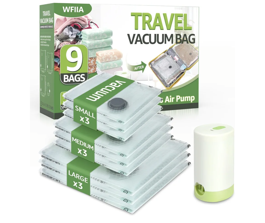 Vacuum Bags for Travel with Rechargeable air Pump, 9 Packs of 3 Sizes Vacuum Seal Bags for Clothing (9 Combo Set)