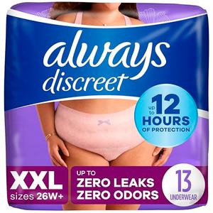 Always Discreet Adult Incontinence Underwear for Women and Postpartum Underwear, XXL, Up to 100% Bladder Leak Protection, 4 Pack, 13 CT, Total: 52