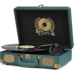 Vinyl Record Player Bluetooth Turntable 3-Speed Suitcase Portable Vintage Belt-Driven Record Player with Built-in Speakers RCA Line Out AUX in Headphone Jack Hunter Green