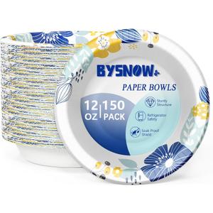 150 Packs Paper Bowls, 12 oz Disposable Bowls, Heavy Duty Paper Bowl for Hot Soup and Salad, Bulk Bowls for Party and Picnics