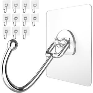 Latoxcaa Large Adhesive Hooks 12-Pack, Heavy Duty Wall Hooks for Bathroom, Kitchen, Outdoor, Strong Self-Adhesive Towel & Coat Hooks, Waterproof Transparent Utility Hooks for Home Improvement