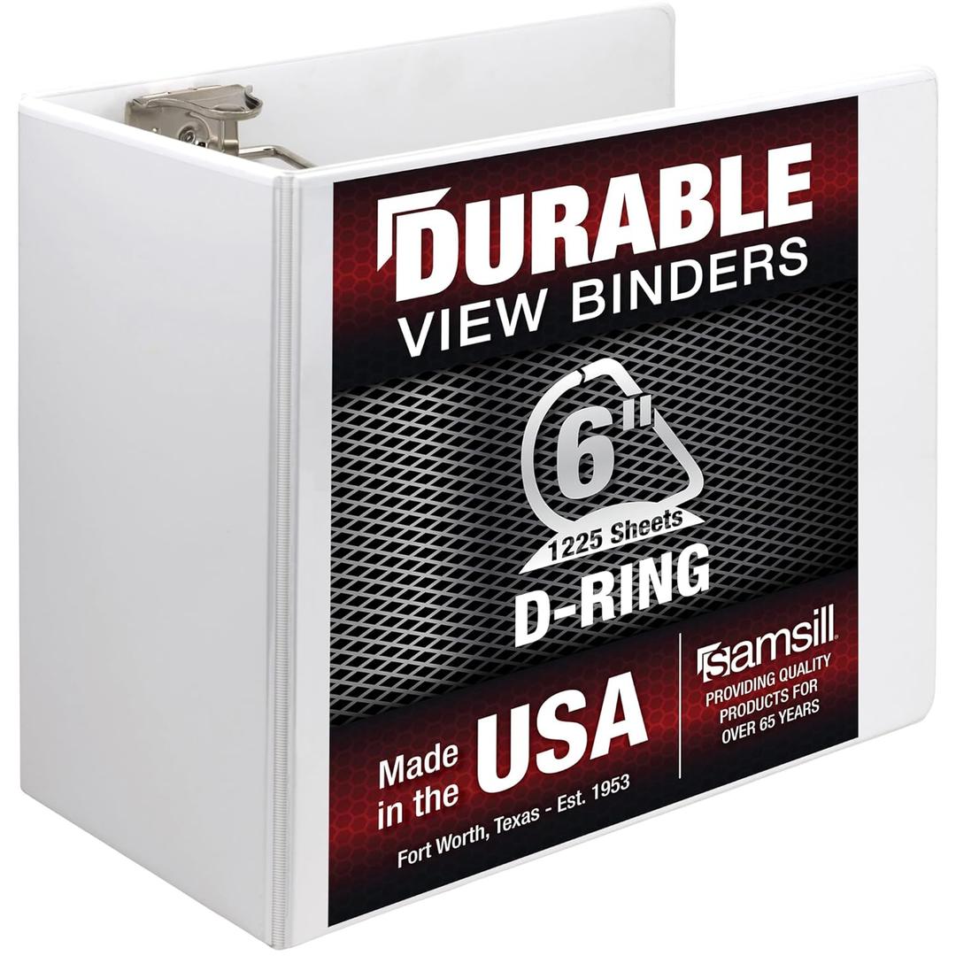 Samsill Durable 6 Inch Binder, Made in The USA, Locking D Ring Binder, Customizable Clear View Cover, Pearl White, Holds 1225 Pages