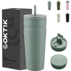 COKTIK 24oz Insulated Tumbler with Lid and Straw 2 Lids (Straw/Flip) Iced Coffee Cup Reusable Stainless Steel Travel Mug Water Bottle Cupholder Friendly for Women Men Her Him (Bay Leaf)