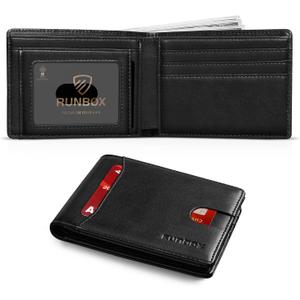 RUNBOX Wallet for Men Slim 11 Credit Card Holder Slots Leather RFID Blocking Small Thin Men's Wallet Bifold Minimalist Front Pocket Large Capacity Gift Box (1 oil black)