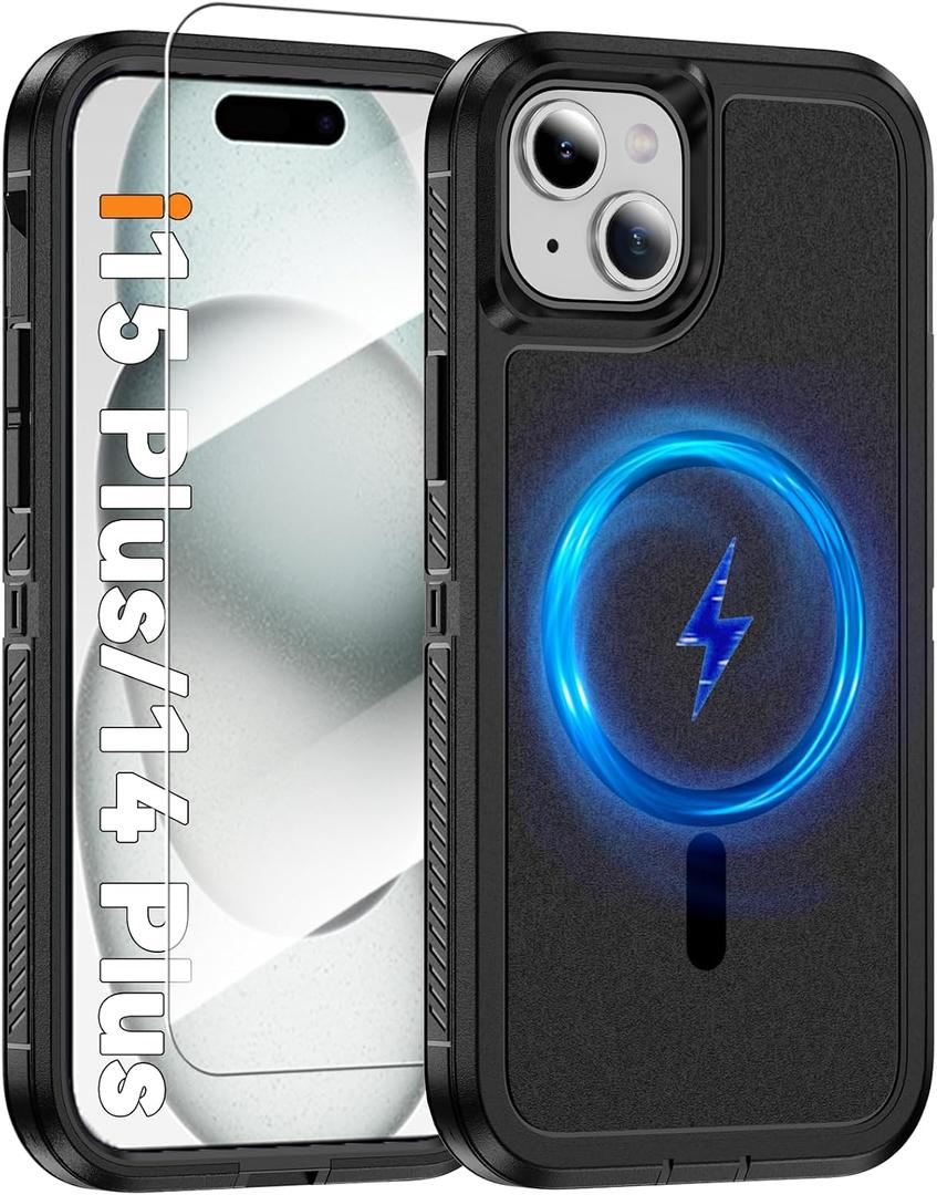 Magnetic Case for iPhone 14+ Plus/15+ Plus [Compatible with Magsafe] [Screen Protector] [Dual Layer Military-Grade Protection] Heavy Duty Shockproof Cover for iPhone 15 Plus/14 Plus 6.7 inch, Black