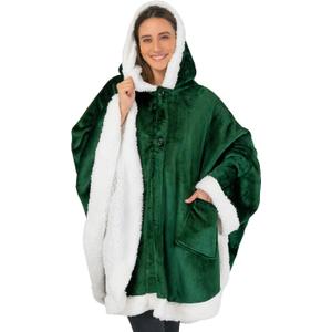 PAVILIA Hooded Blanket Poncho, Women Sherpa Fleece Shawl Wrap with Hood, Wearable Blanket Cozy Warm Poncho Cape Throw with Pockets, Gift for Elderly Mom, Emerald Green ( One Size )