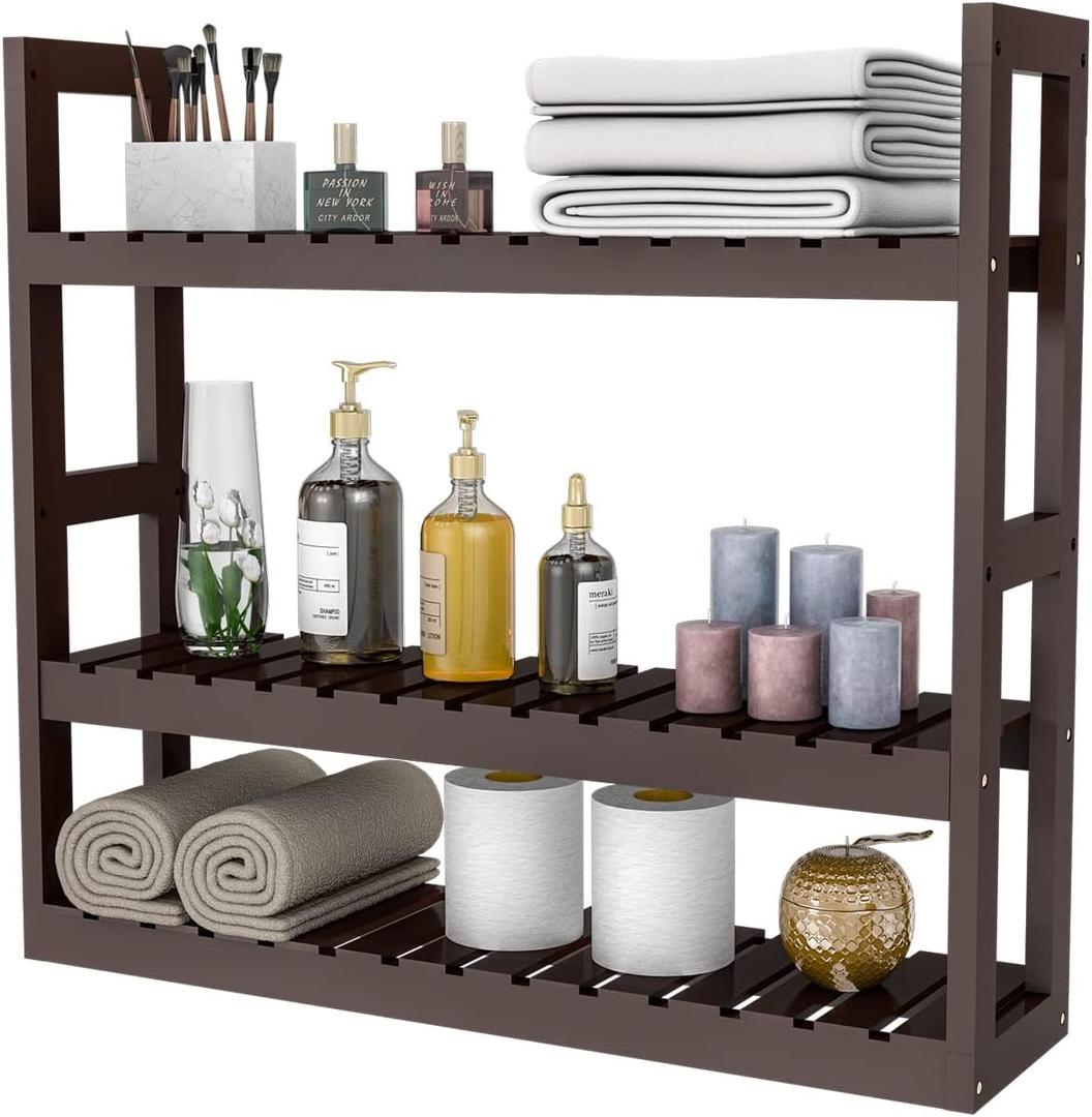 Domax Bamboo Bathroom Shelf 3-Tier Wall Mount Storage Rack Multifunctional Adjustable Layer Free Standing Over Toilet Utility Shelves Living Room Kitchen (Brown)