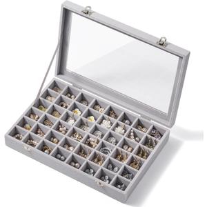 48 Grid Earring Organizer and Storage: Velvet Jewelry Tray with Lid, Jewelry Box for Studs, Earrings, Rings, Necklaces, Dresser & Vanity, Earrings Case Organizer for Girls, Women, 13"x8.6"x2.4", Grey