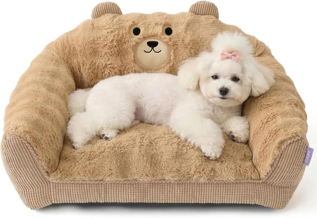 LE SURE Cute Dog Couch Bed, Small Dog Couch with Fluffy Original Bear Design, Cat Couch Bed with Removable Washable Cover, Puppy Bed for Small Pets, 28 inch, Almond