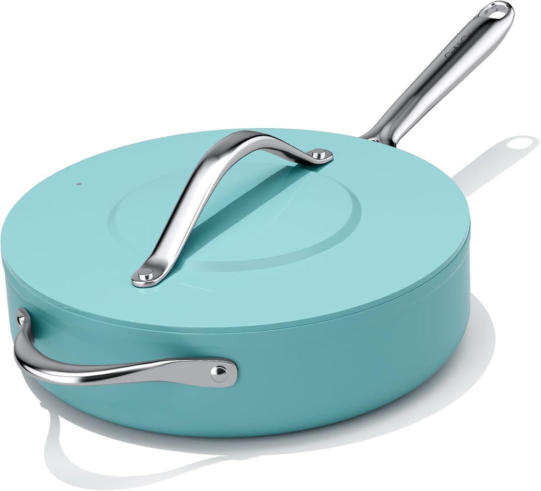 Nonstick Ceramic Saut Pan with Lid (4.5 qt, 11") Deep Frying Pan for All Cooktops, Non Toxic Skillet PTFE/PFAS Free, Oven Safe up to 500F w/ Stainless Steel Stay-Cool Handle, Caribbean Blue
