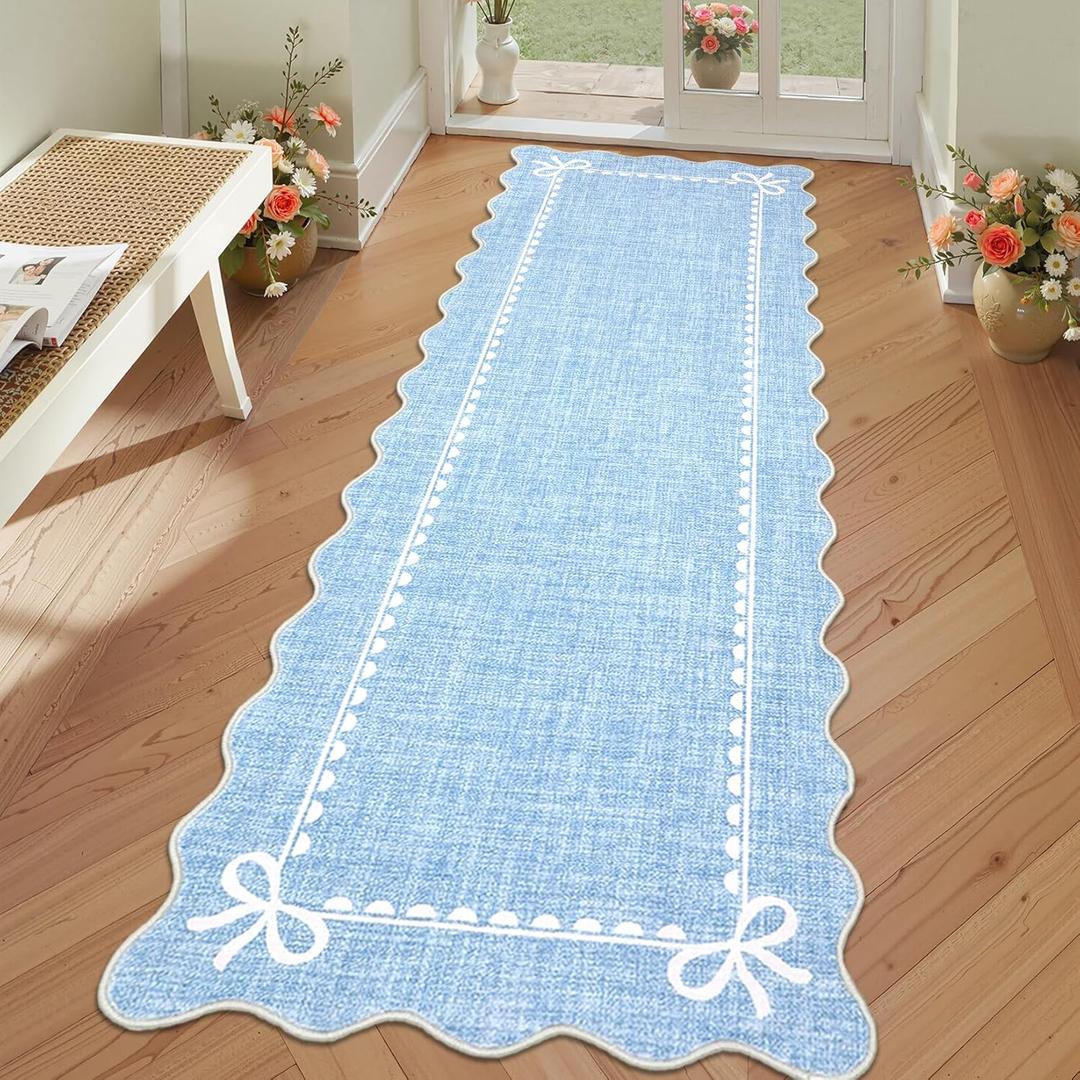 GarveeHome Scalloped Bow Rug for Living Room, Solid Blue Rug for Dorm, Washable Runner Rugs 2x6 Soft Low Pile Non Slip Scalloped Rugs for Nursery Bedroom Decor Hallway Entryway Playroom