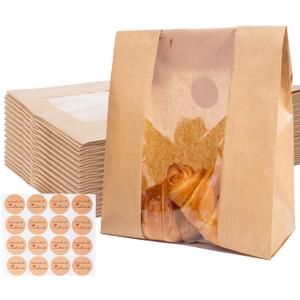 SUNPRO Paper Bread Bags 100 Packs Homemade Bread Storage Bags with Clear Window Large Size Sourdough Bread Bags with Seal Stickers Bakery Packaging Bags for Cookies, Candies and Treats