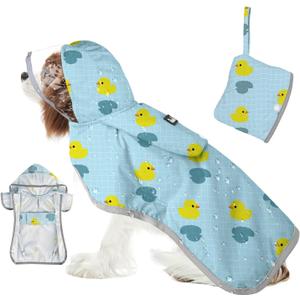 SlowTon Dog Raincoat, Adjustable Dog Rain Jacket Clear Hooded Double Layer, Waterproof Poncho with Reflective Strip Straps and Storage Pocket for Small Medium Large Dogs Puppies(DK M) (Duck Pattern)