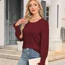 Blouses for Women Casual Puff Long Sleeve Shirts Fall Crew Neck Knit Textured Tunic Tops with Smocked Cuffs (Small)