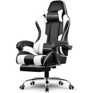 GTPLAYER Gaming Chair, Computer Chair with Footrest and Lumbar Support, Height Adjustable Game Chair with 360°-Swivel Seat and Headrest and for Office or Gaming (White)