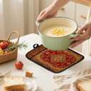 Boho Vintage Oriental Floral Pot Holders 2 Pack Set, Red and Gold Antique Rustic Flower Heat Resistant Oven Hot Pads for Kitchen Countertop Baking066 Potholder