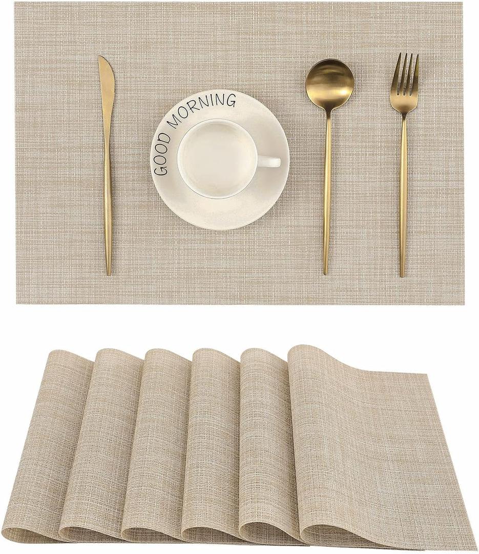 Leetaltree Beige Placemats Set of 6 - Heat Resistant Non-Slip Place mats for Dining Table, Washable Durable PVC Vinyl Woven Table MatsBeige, 6