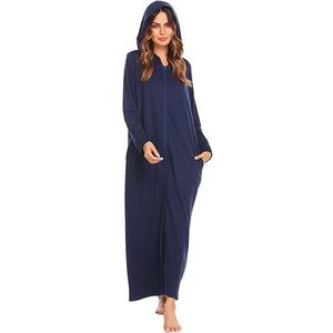 Ekouaer Robe for Women Zipper Robe Loungewear Full Length Sleepwear Pockets Housecoat Casual Straight Robe S-XXL Dark Blue